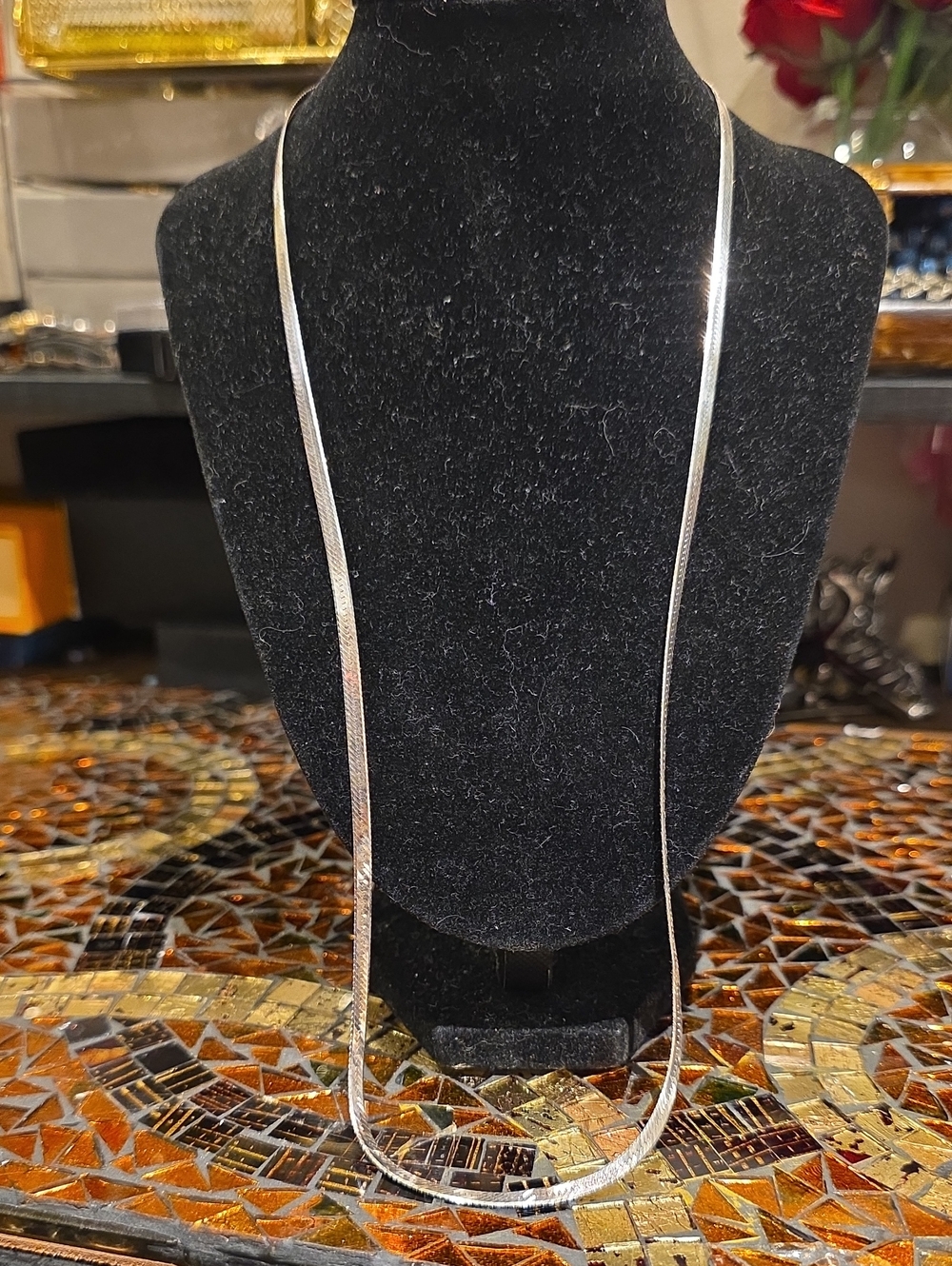 925 Classic Long Silver Tone Herringbone Necklace